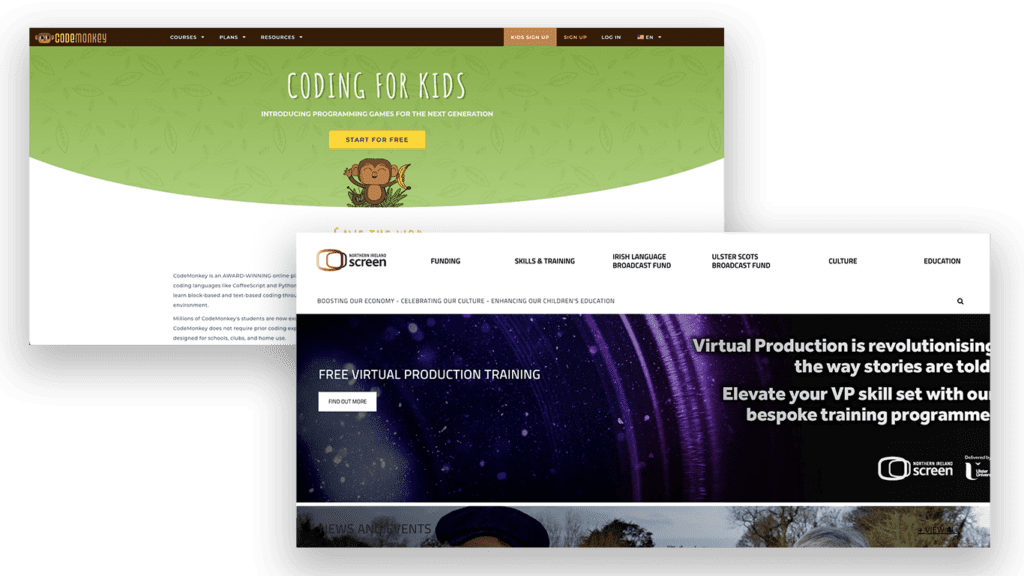 Screenshot of Learning Mole partners; CodeMonkey and Northern Ireland Screen Website
