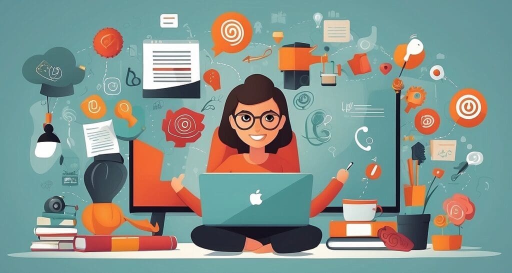 Image of cartoon person creating content on laptop