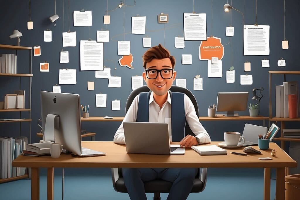 types of social media marketing: Cartoon image of man on laptop doing content marketing