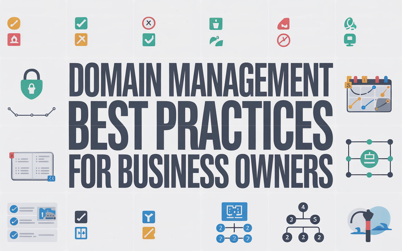 Large text reads, Domain Management Best Practices for Business Owners, with various icons—security, checklists, settings, charts—surrounding it. Powered by NameCheap to highlight secure and efficient domain management tools.