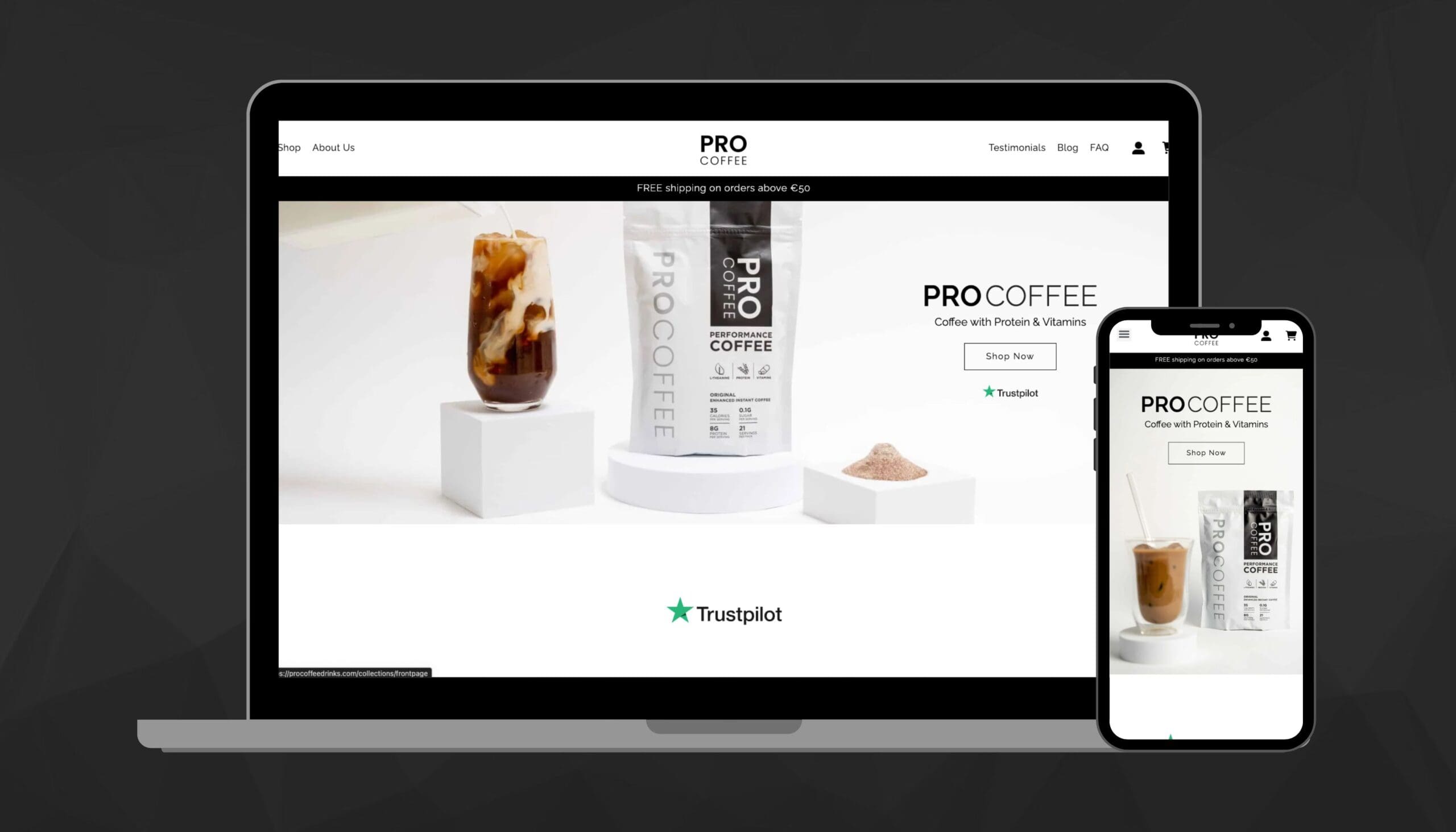 Screenshot of ProCoffee Desktop and Mobile with Optimisation Icon overlay