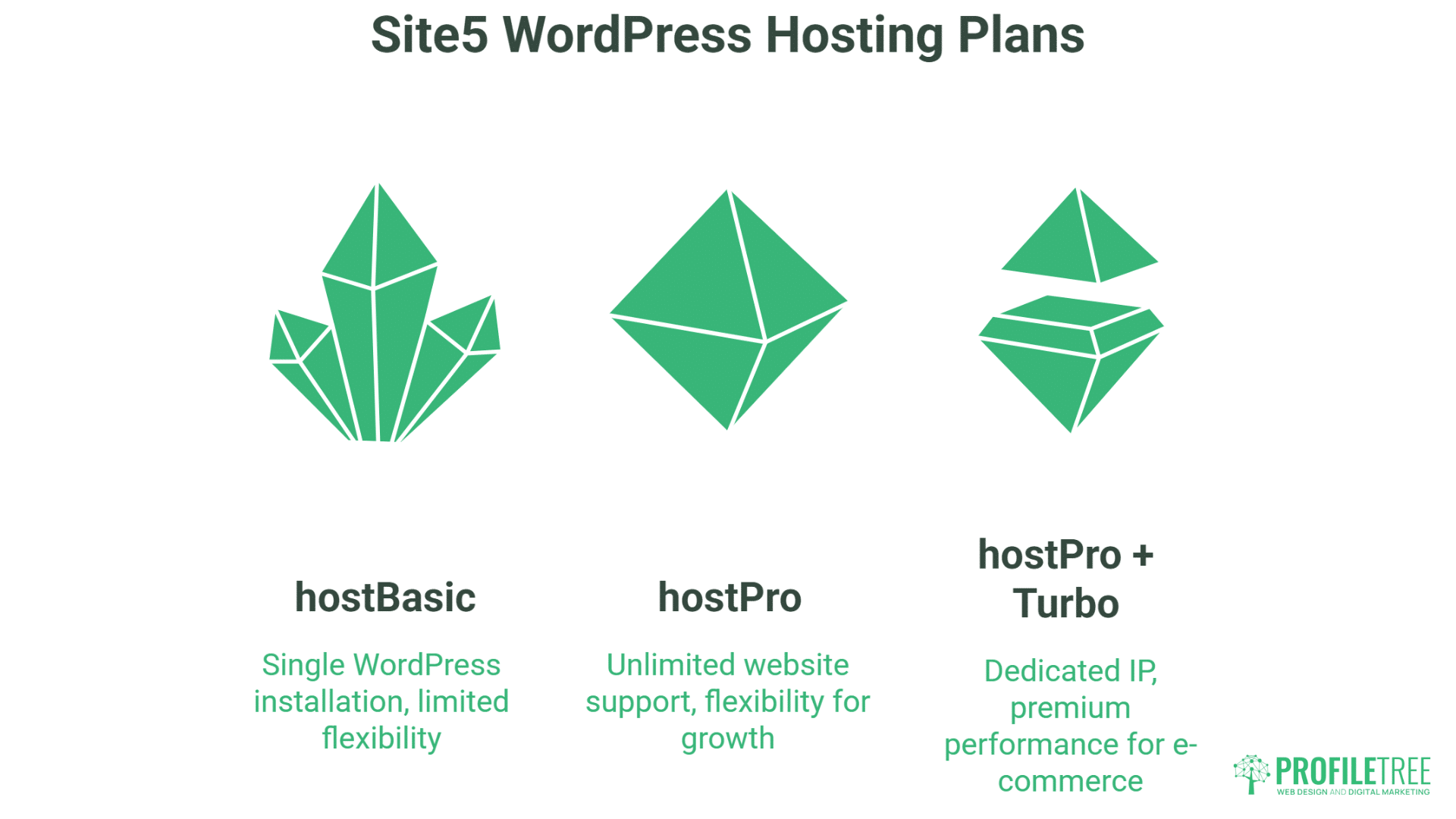 Three green crystal icons showcase Site5 Hosting WordPress plans: hostBasic (single install, limited flexibility), HostPro (unlimited support, flexible), and HostPro + Turbo (dedicated IP, premium e-commerce performance). ProfilTree logo.