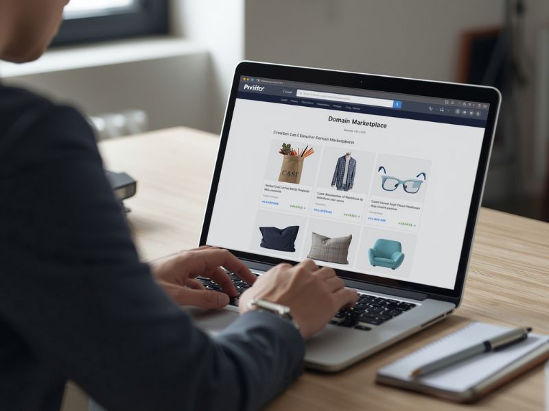 Professional reviewing Flippa.com Domain marketplace listings on laptop for business investment