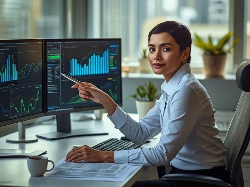 A businesswoman in a white shirt sits at a desk with dual monitors displaying Flippa financial graphs, holding a pen and looking at the camera, with documents and a coffee cup on the desk in a modern office setting.