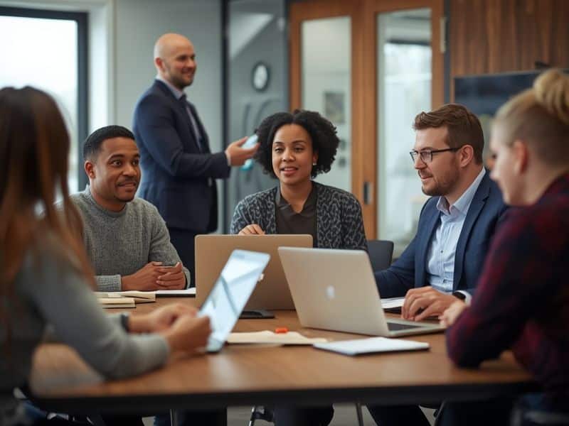Diversity in business shown through a mixed team of professionals collaborating in a modern office meeting room