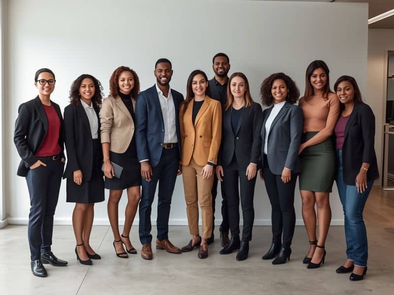 Diversity in business represented by a UK professional team with varied backgrounds in an open-plan workplace