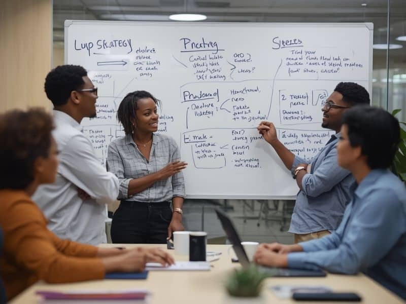 Diversity in business driving strategic decision-making as a mixed team works through ideas at a whiteboard