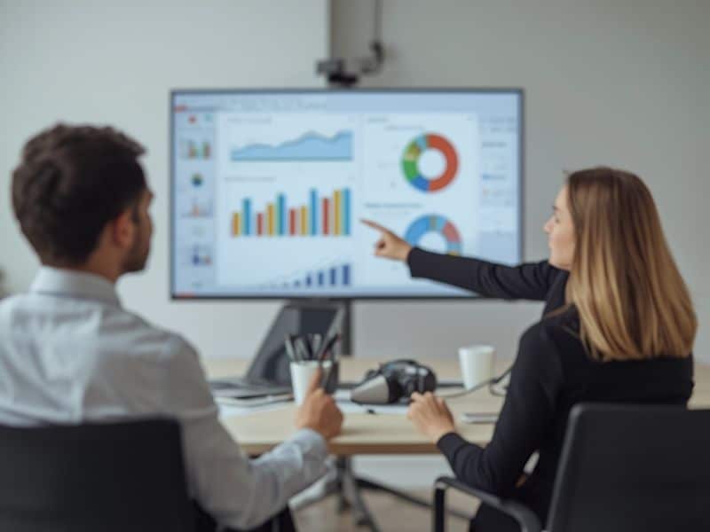 Two HR professionals analysing HR statistics on a presentation screen in a meeting room