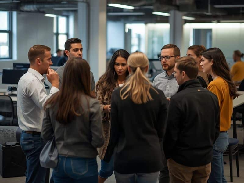 Employees in a team meeting representing the engagement levels tracked through HR statistics