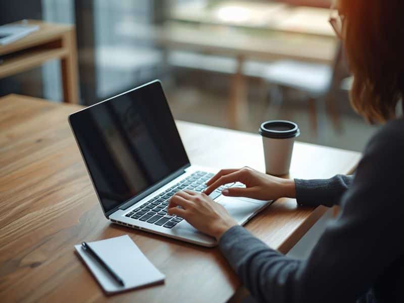 Person registering a 1 and 1 domain on a laptop in a home office