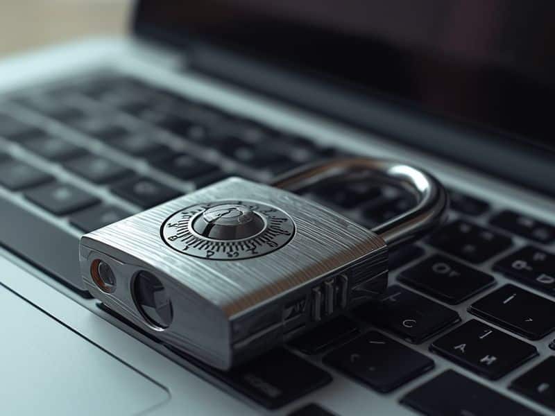 Padlock on a laptop representing WHOIS privacy protection on a 1 and 1 domain