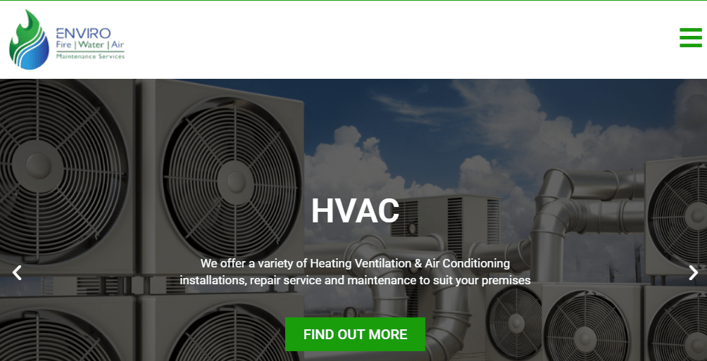 A group of large HVAC outdoor units with fans and metal ducts sits under a blue sky. The screen highlights Enviro Maintenance Services’ HVAC solutions and Website Conversion Rate Optimisation tips, with a green Find Out More button visible.