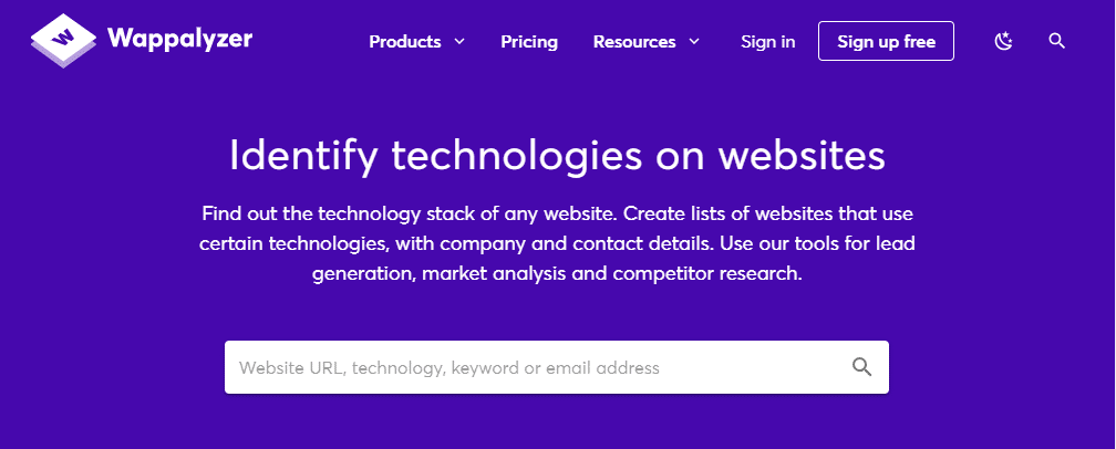 Wappalyzer's homepage offers powerful tools for identifying technologies on websites, complete with a search bar where you can enter website URLs, technology keywords, or email addresses to identify a website's programming language.
