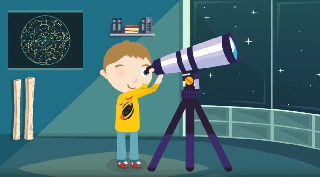 Illustration of a boy looking through a telescope into the sky at night
