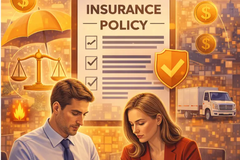 A man and woman review documents in front of a large insurance policy form, surrounded by icons symbolising SME business insurance cover—money, a shield, scales, a lorry, an umbrella, and fire.