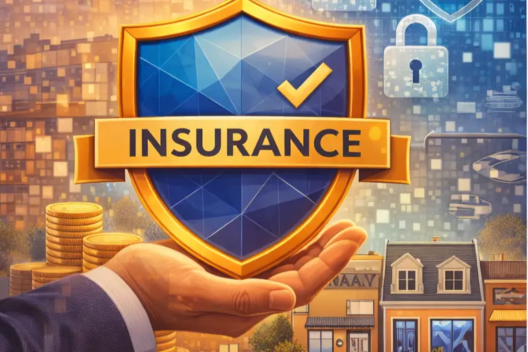 A hand holds a blue and gold shield with a tick and the word INSURANCE—perfect for SME business insurance. Background shows stacked coins, houses, a lock, and digital elements symbolising security and financial protection.