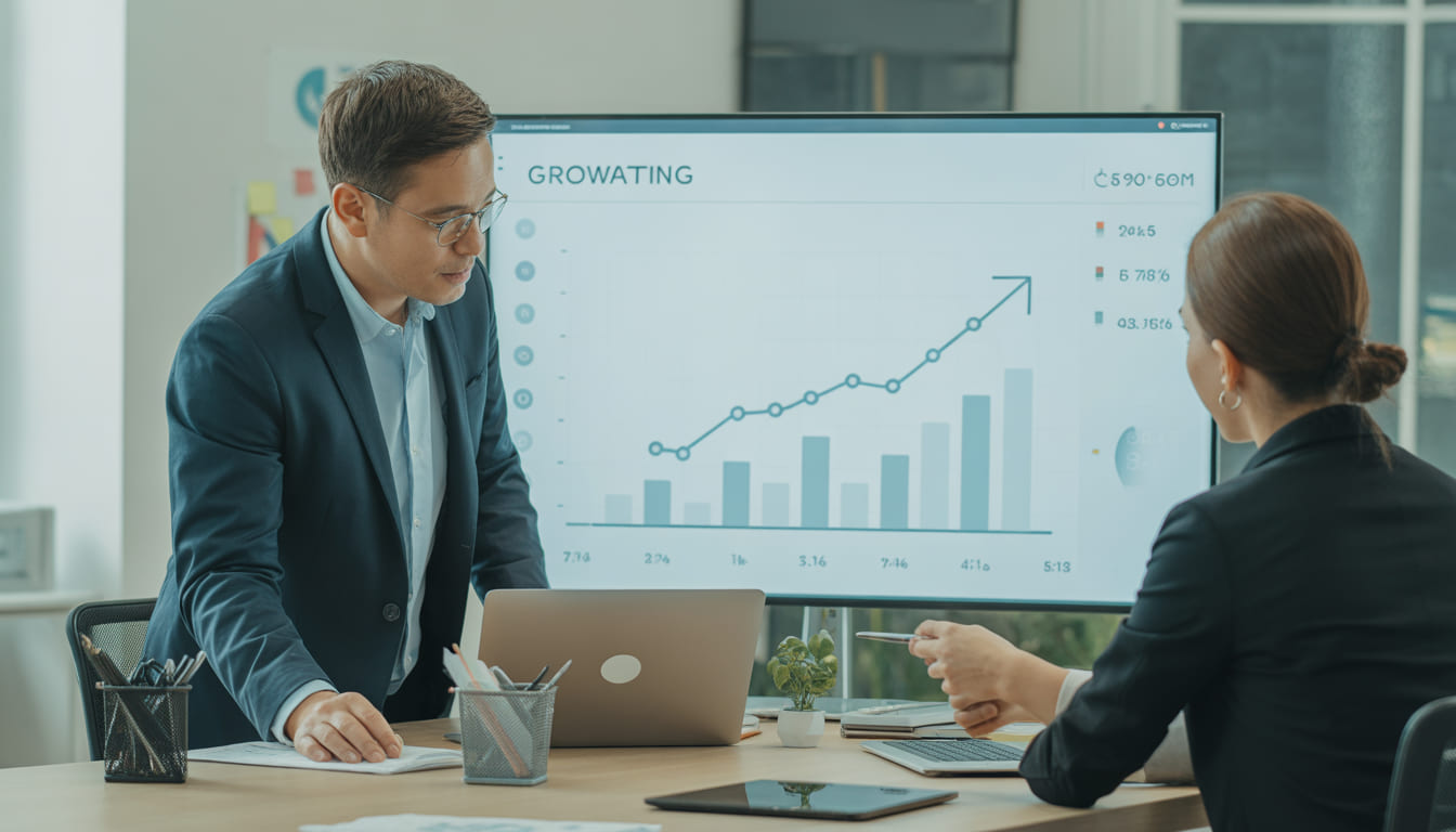 A digital marketing consultant presents data on a rising line graph to a woman in an office setting, highlighting effective Digital Marketing strategies. Both have laptops, emphasizing their focus on Marketing Services for Belfast.