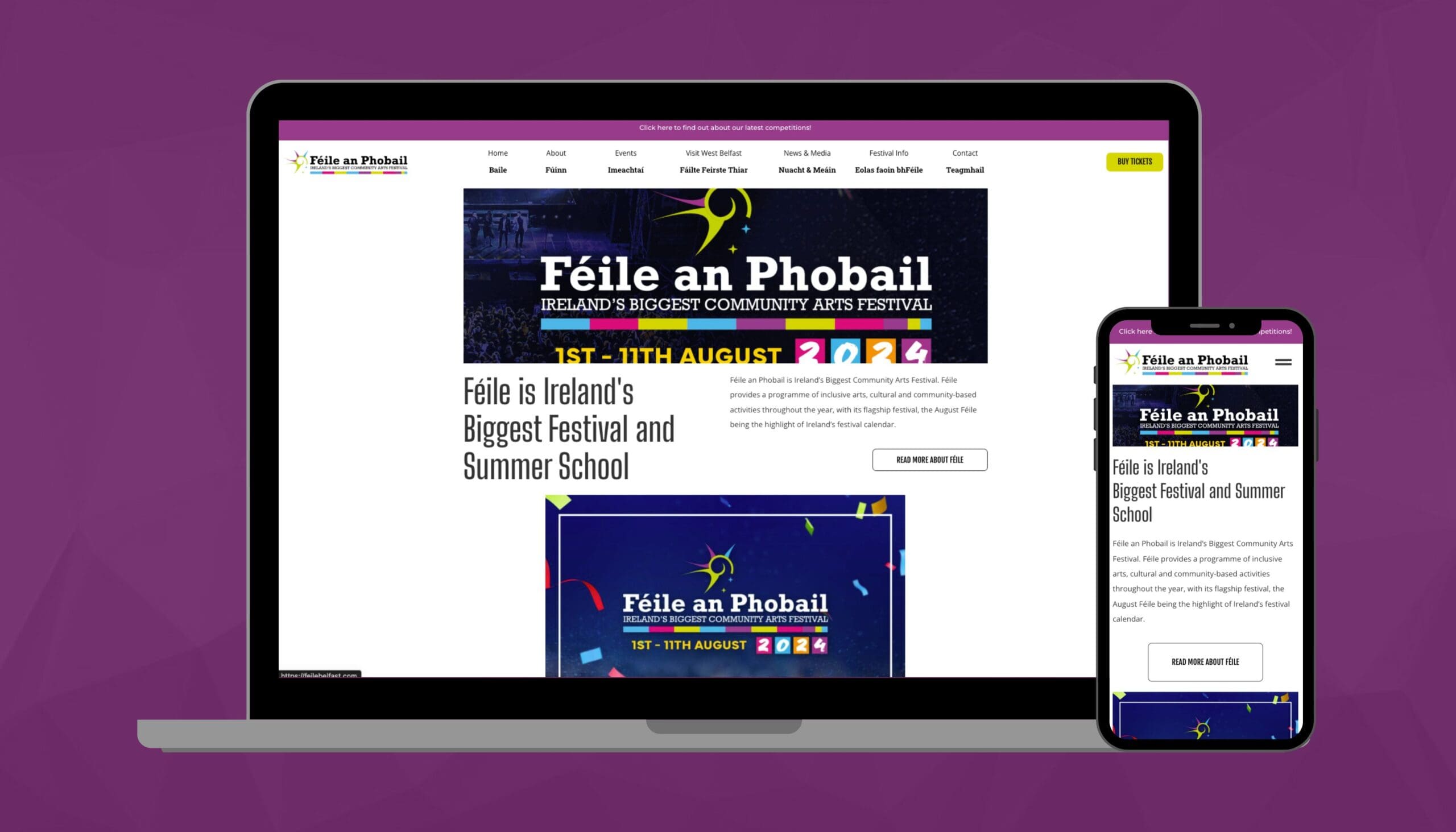 Homepage of Féile an Phobail on Desktop and Mobile
