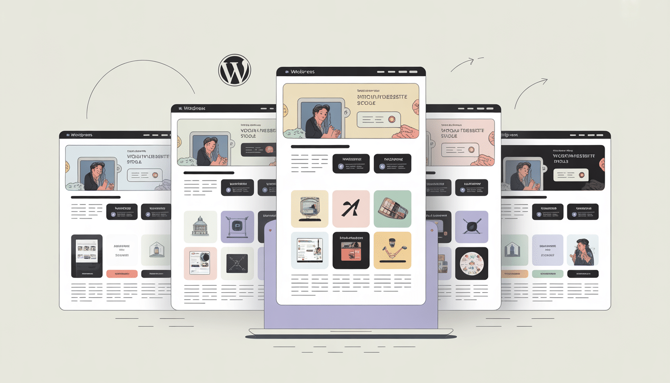Illustration of multiple stylized WordPress Themes displayed on screens, showcasing various layouts with images, icons, and creative design elements, emphasizing diverse website design possibilities and how to use WordPress Themes.
