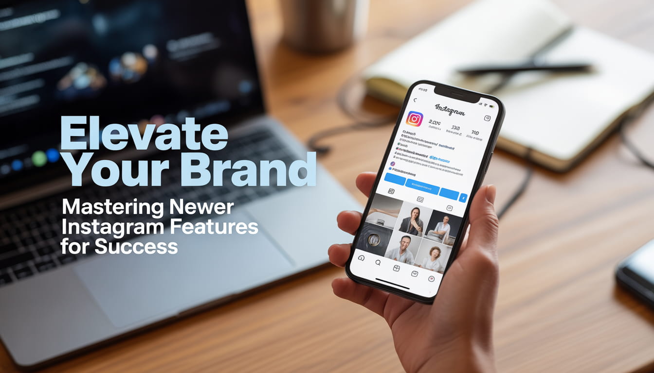 A person holds a smartphone displaying an Instagram profile; text on the image reads Elevate Your Brand: Mastering Newer Instagram Features for Success. A laptop and open notebook are on the desk—perfect for anyone asking, "What is Instagram?.