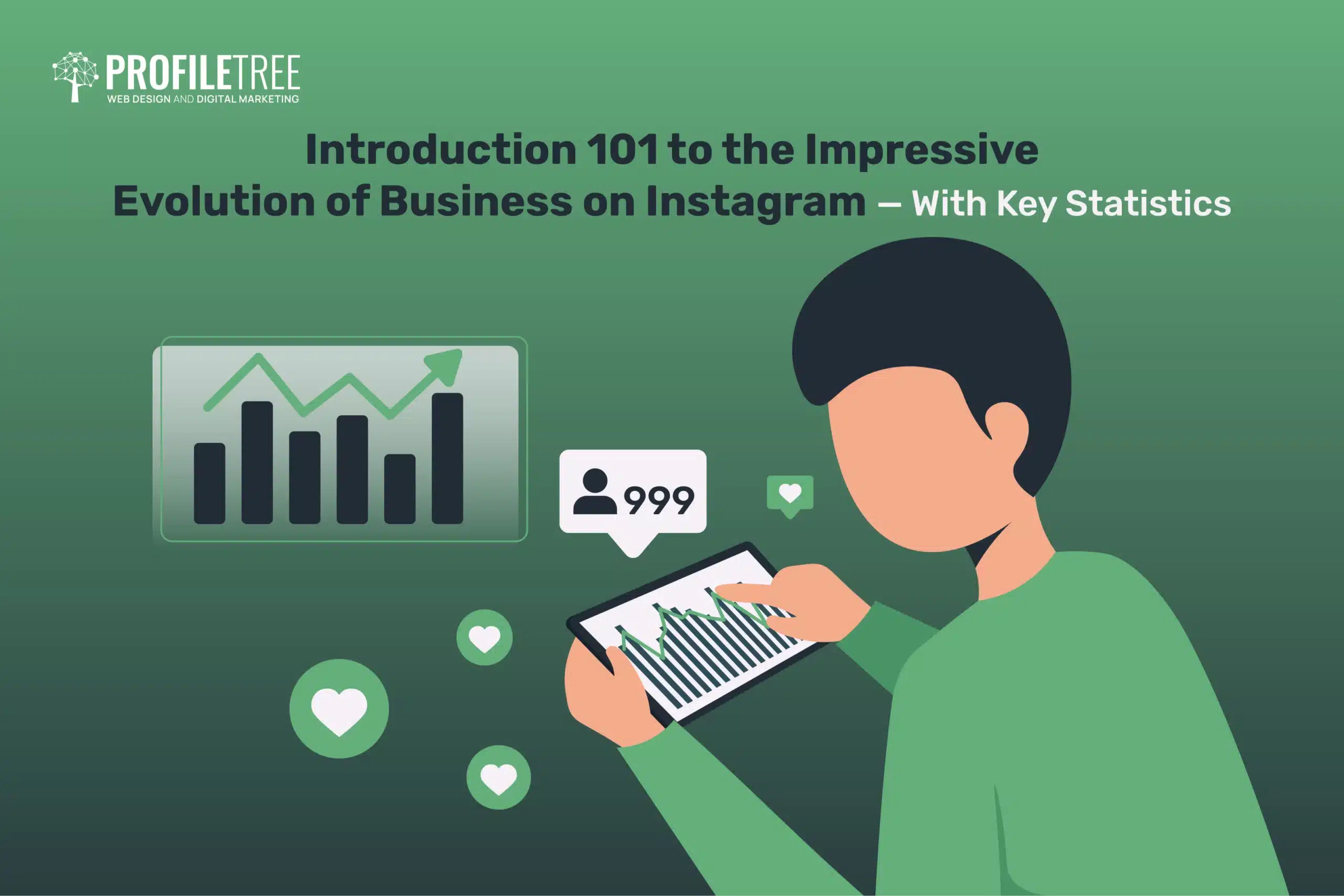 A person in a green shirt analyzes data on a tablet, surrounded by social media icons and graphs. Text reads, Introduction 101 to the Impressive Evolution of Business on Instagram – With Key Statistics.