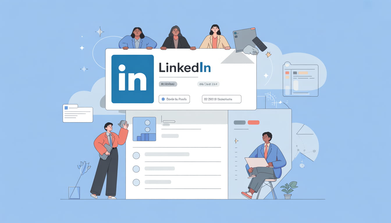 Illustration of people interacting with large LinkedIn profile interfaces, featuring the LinkedIn logo, buttons, a profile, and digital elements on a blue background. One person sits with a laptop while others engage with the linkedin profile.
