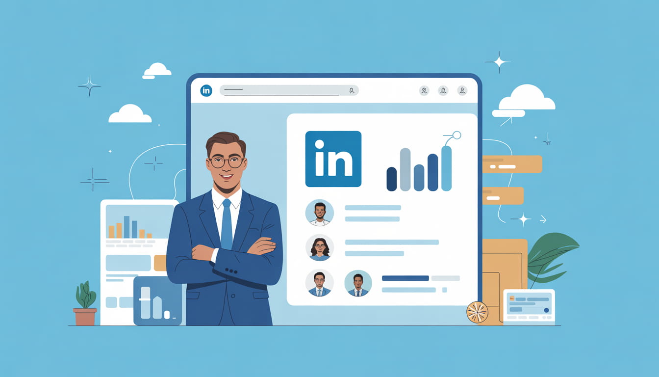 Illustration of a smiling businessman in a suit standing before a large LinkedIn profile interface, featuring charts, contact icons, and office decor elements set against a blue backdrop.