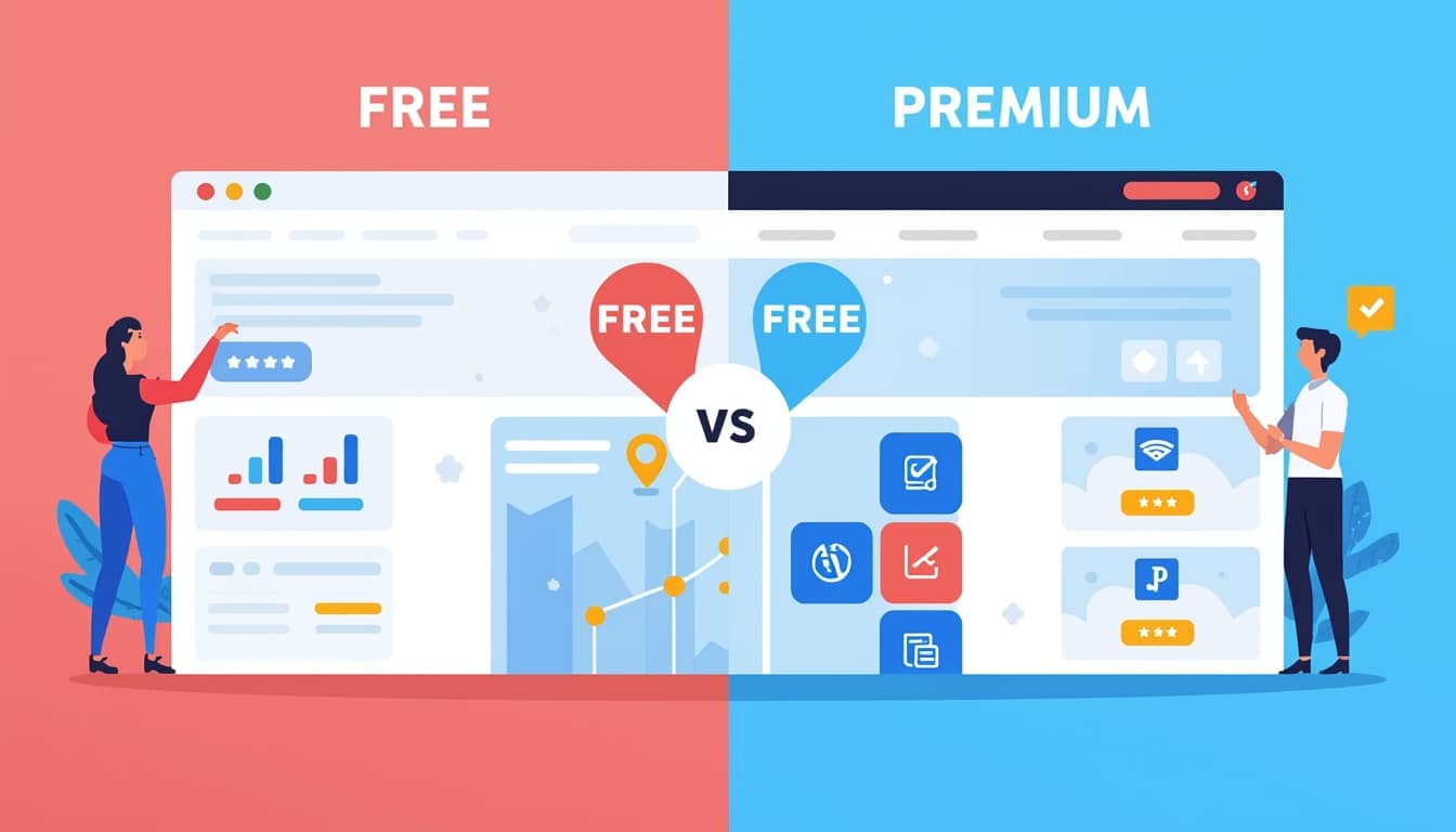 Split-screen illustration compares Free and Premium versions of a software service with icons, charts, and WordPress Themes elements. A woman stands on the Free side; a man stands on the Premium side, highlighting how to use WordPress themes for upgrades.