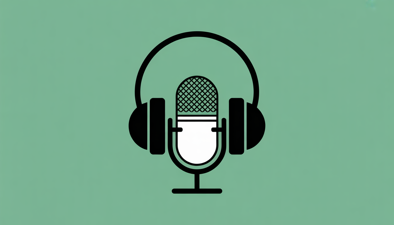 A black outline of a vintage microphone with large headphones resting on top, centred on a green background—perfect for podcasts or podcasts for your business.