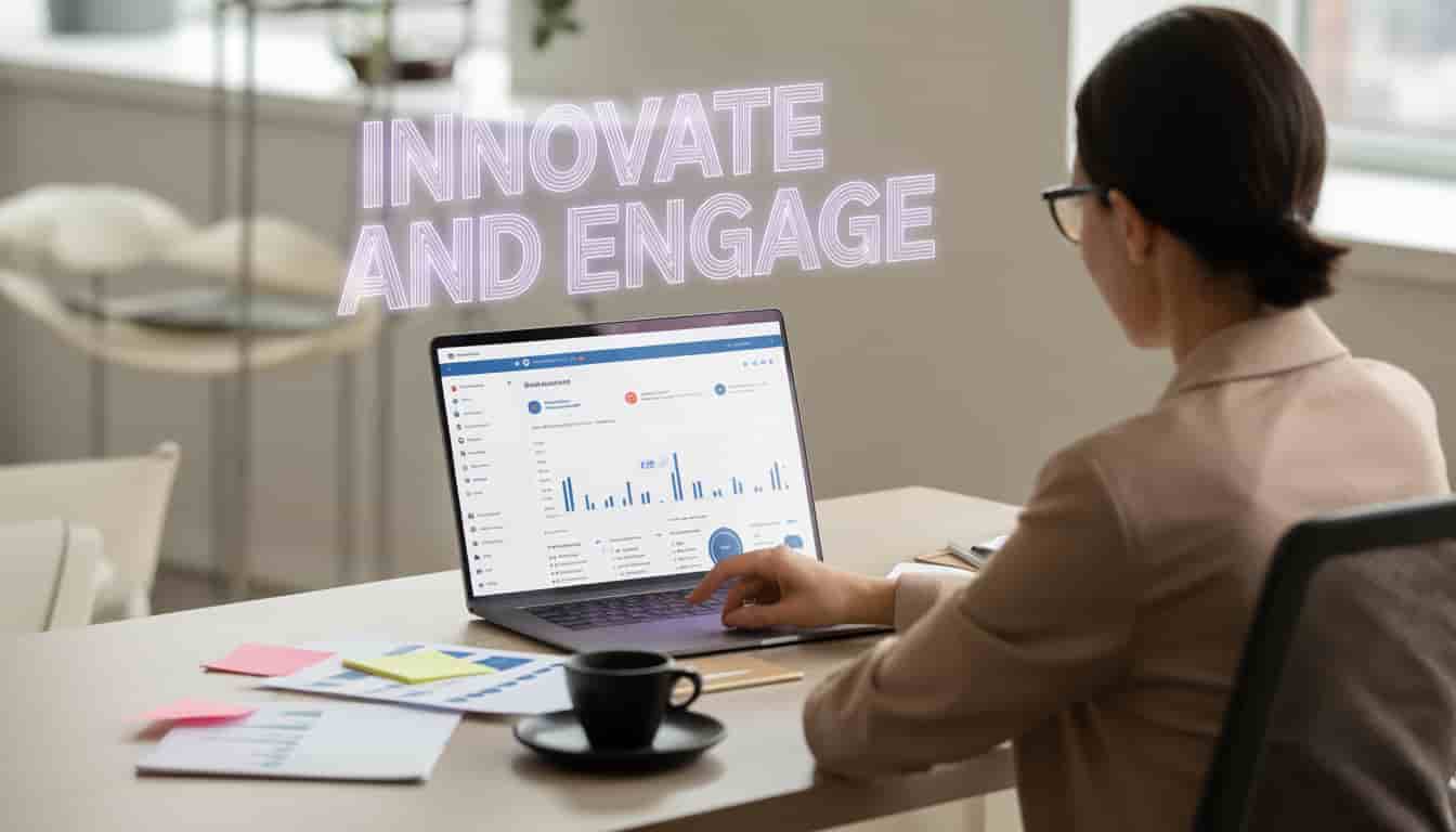 A person sitting at a desk works on a laptop displaying charts and graphs for a social media strategy. Colorful papers, a pen, and a coffee cup are on the desk. The words INNOVATE AND ENGAGE appear in large text above the laptop.