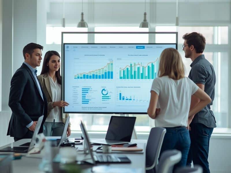 Business team conducting competitive analysis on a large monitor in a modern office