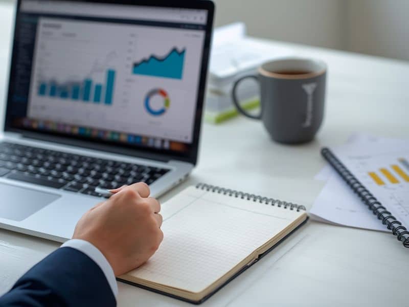 Professional writing notes during a competitive analysis session with website analytics on screen