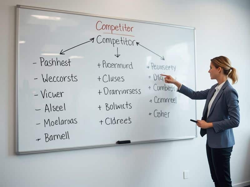 Business strategist mapping competitor tiers on a whiteboard as part of a competitive analysis