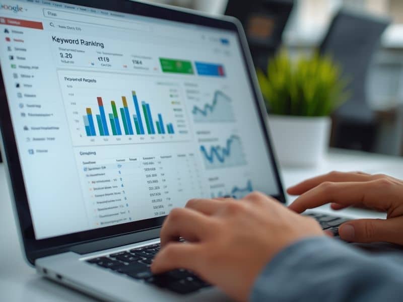 SEO professional reviewing keyword ranking data as part of a digital competitive analysis