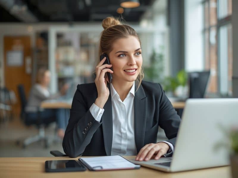 A business professional making an outbound marketing call from a modern office workspace