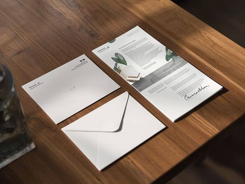  Printed direct mail materials representing traditional outbound marketing methods laid out on a desk