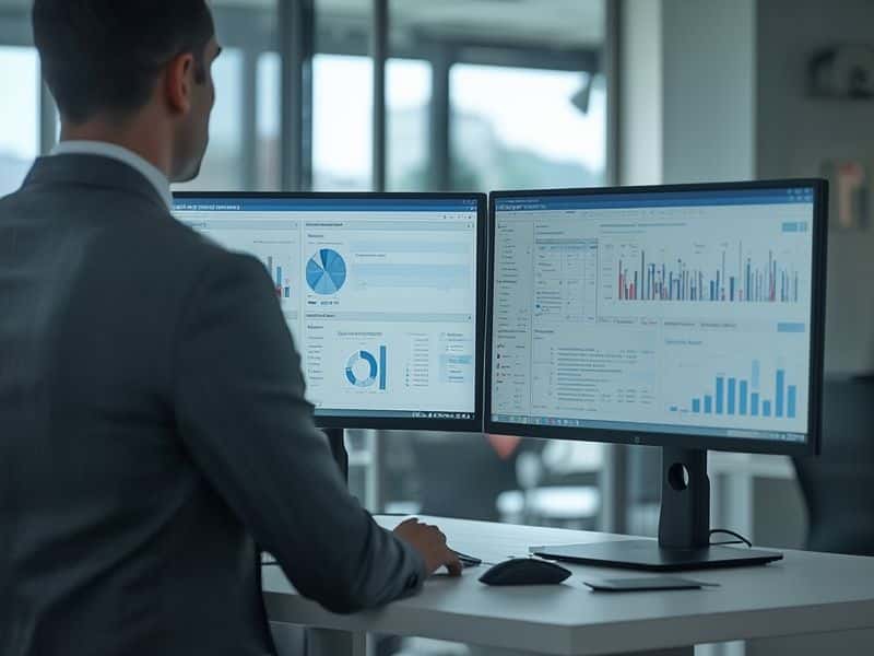 A marketing professional reviewing CRM analytics and outbound marketing performance dashboards