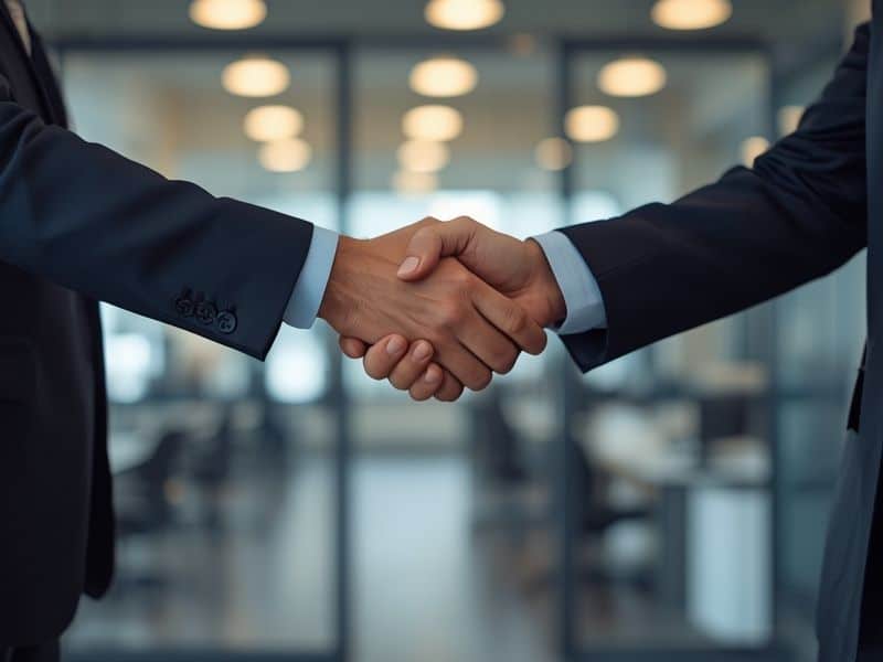 Two business professionals shaking hands after a successful outbound marketing campaign generates a new client meeting