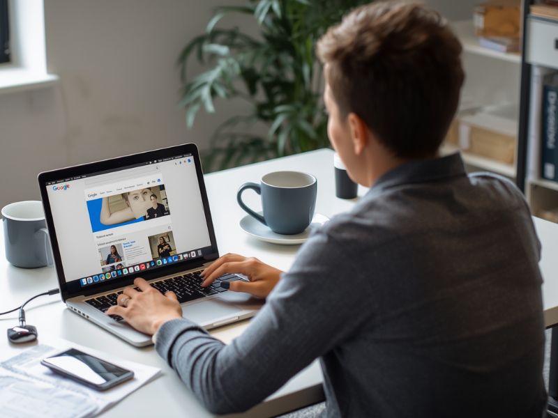 A business owner studying a Google search results page on a laptop, demonstrating the importance of understanding Google for business visibility
