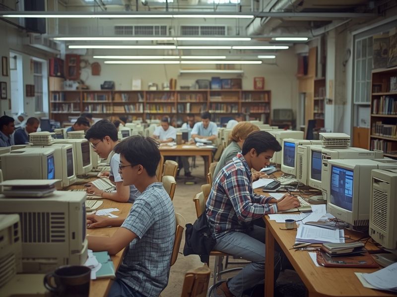 Students working on desktop computers in a university setting, reflecting the academic origins central to understanding Google's founding story
