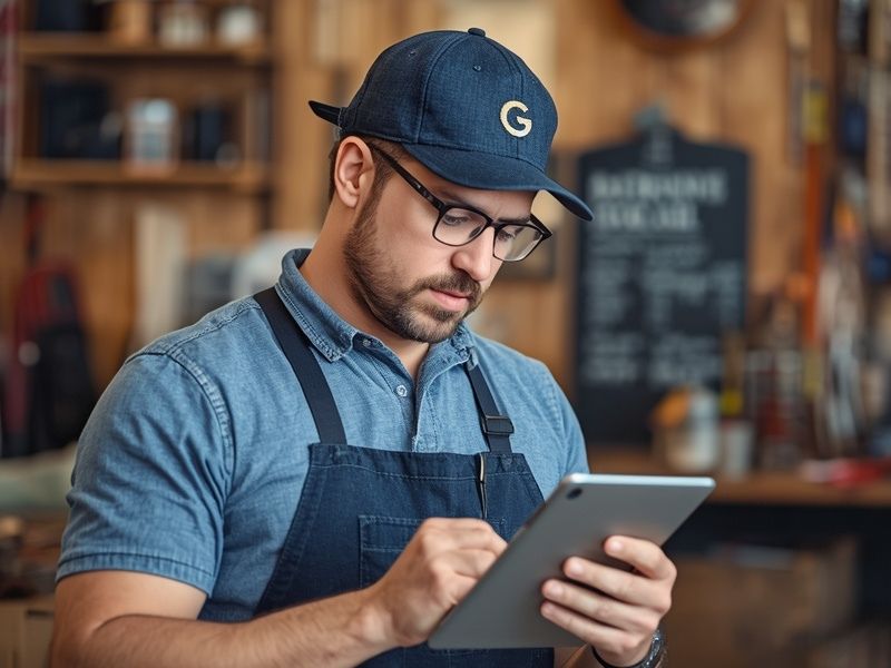 A small business owner reviewing their Google Business Profile on a tablet inside their workplace, a key step in understanding Google local visibility