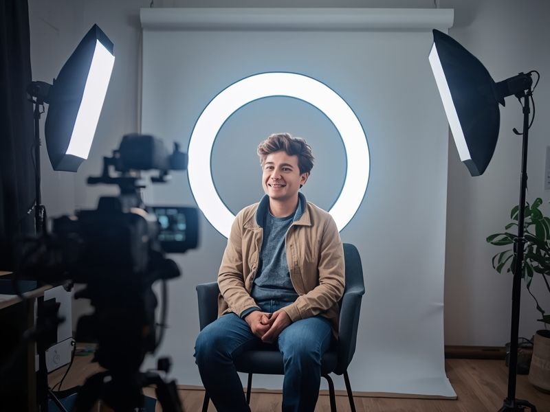 A business owner recording a YouTube video in a home studio setup, reflecting the growing role of video content in understanding Google search visibility