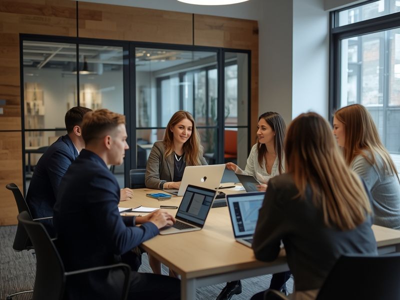 A business team discussing digital strategy around a table with laptops, the kind of collaborative planning that comes from understanding Google as a complete ecosystem