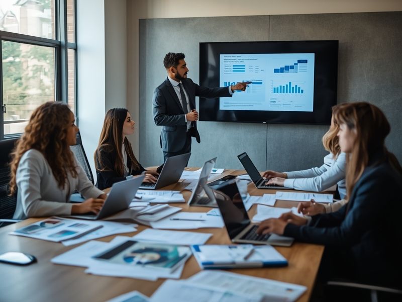 Business risk management team reviewing strategic reports during a boardroom planning session