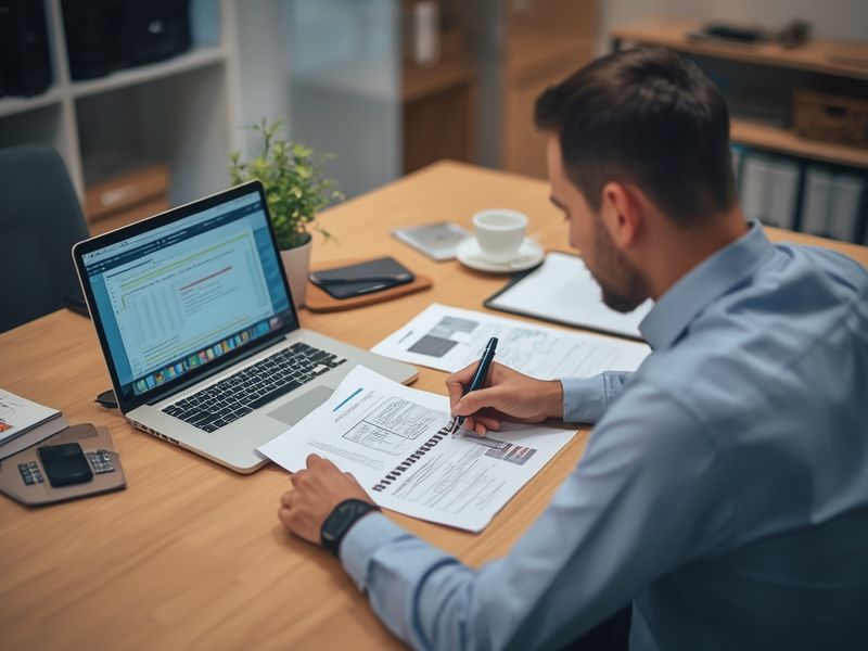 Professional conducting a business risk management assessment by reviewing financial documents and data