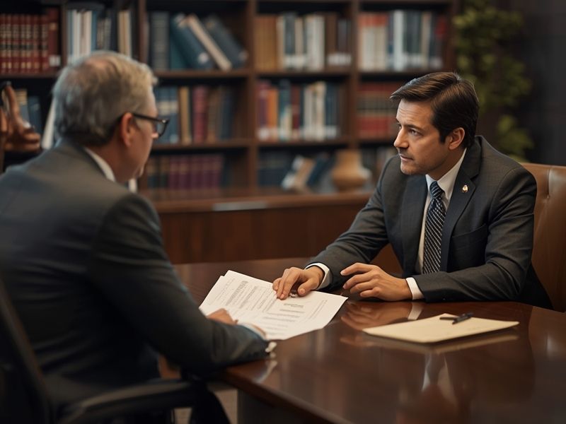 Business risk management compliance review between a consultant and business owner examining regulatory requirements