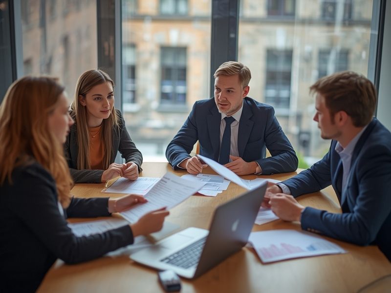 Business strategy meeting in a modern Belfast office with team members reviewing documents and data