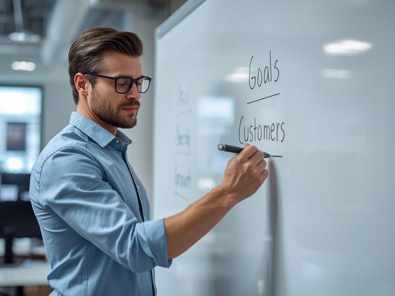 Business owner defining business strategy goals on a whiteboard in a small office