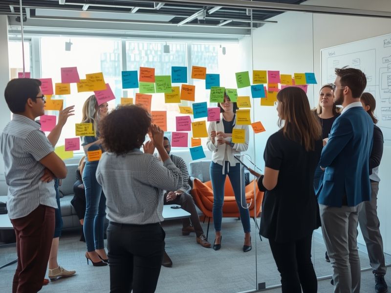 Business team using sticky notes during a business strategy planning session in a collaborative workspace