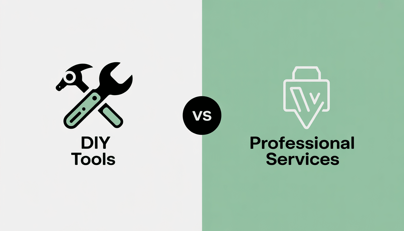 A split image compares DIY tools, shown with a hammer and spanner icon on a white background, to professional services, shown with a briefcase icon on green. The centre reads vs., highlighting choices when creating a logo with tools like WIX Logo Maker.